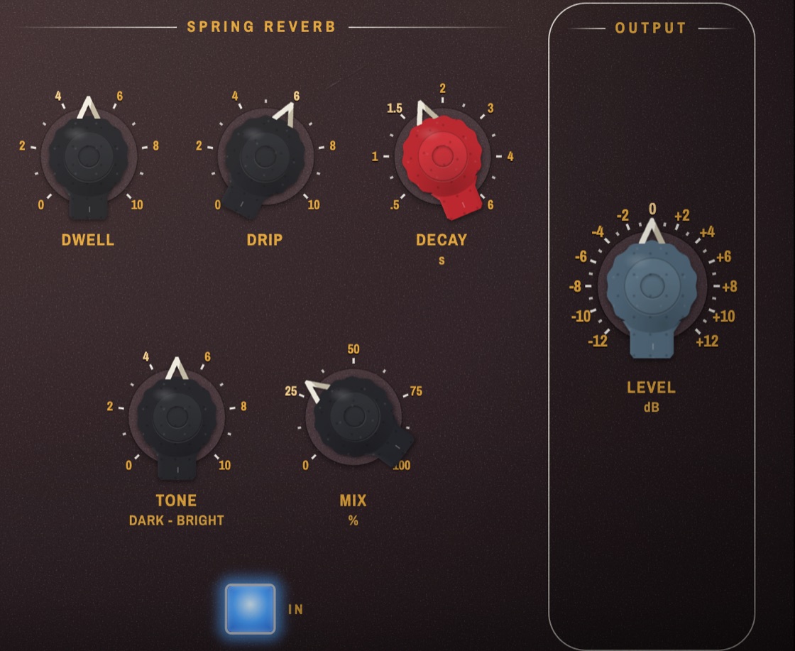 The Spring Reverb section: Dwell, Drip, Decay, Tone and Mix, beside the Output level knob.