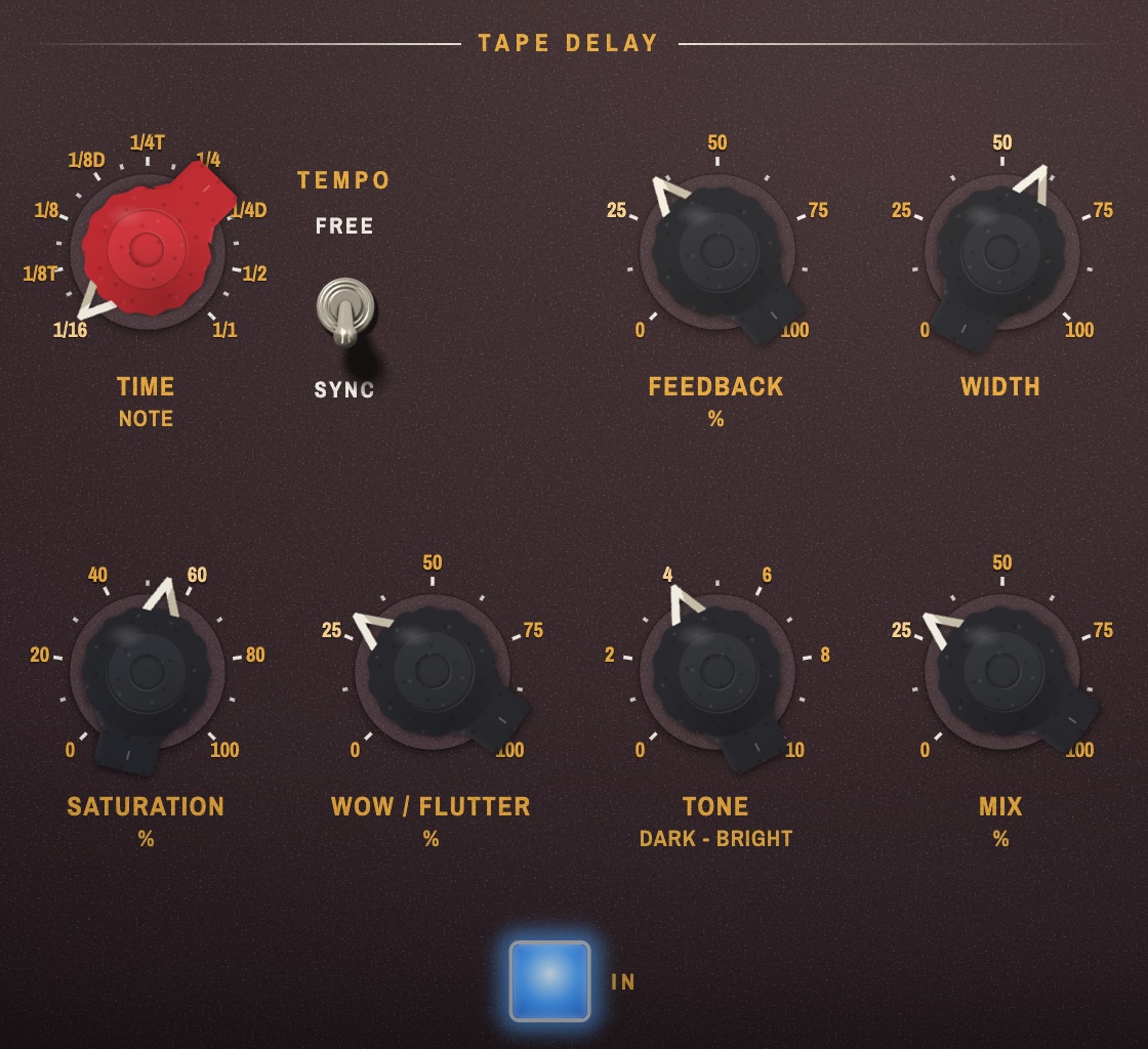 The Tape Delay section: Time, Feedback, Mix, Width, Saturation, Wow / Flutter and Tone.