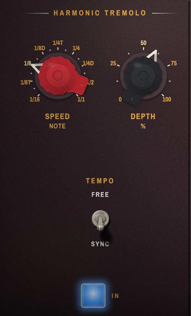 The Harmonic Tremolo section: Speed, Depth and a Tempo switch.