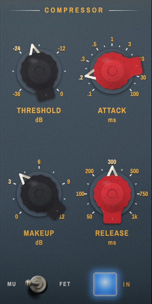 The compressor section: Threshold, Attack, Makeup and Release, with the MU / FET switch.
