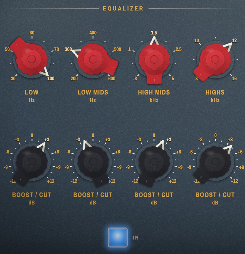 The four-band equalizer with red frequency knobs and black boost / cut knobs.