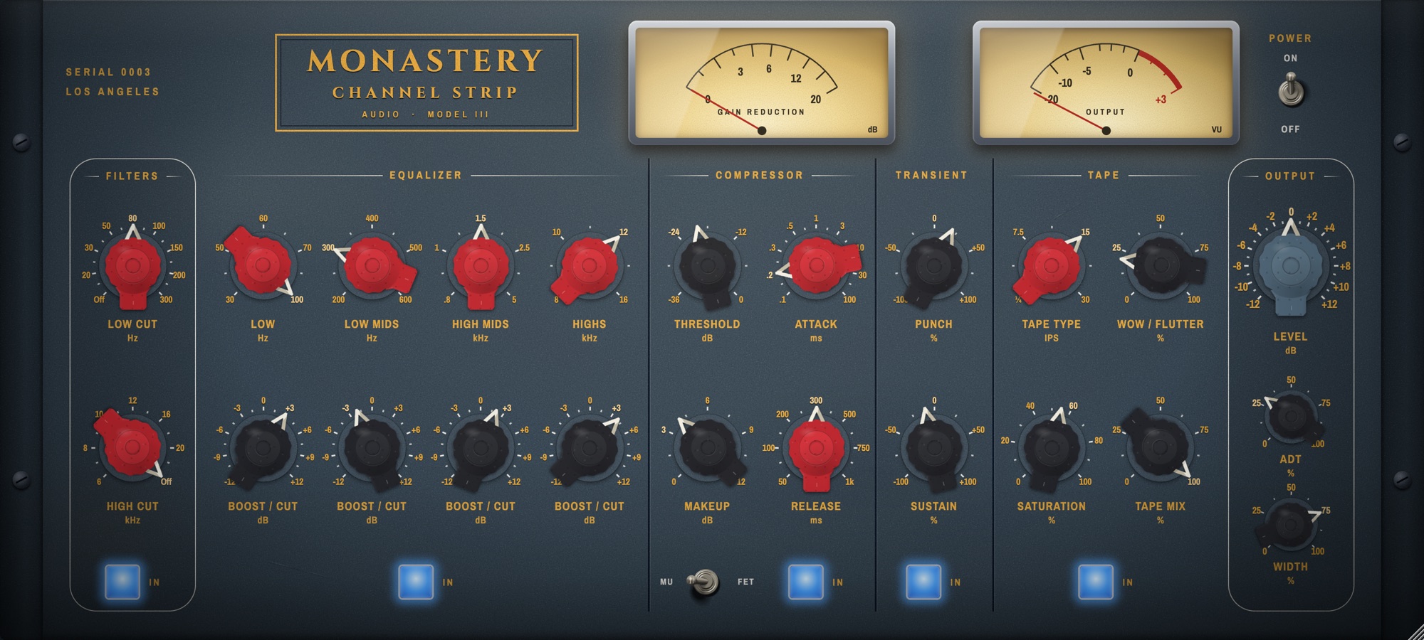 Monastery Channel Strip: a slate-blue rack panel with red and black knobs, two cream VU meters, and sections for filters, equalizer, compressor, transient, tape and output.