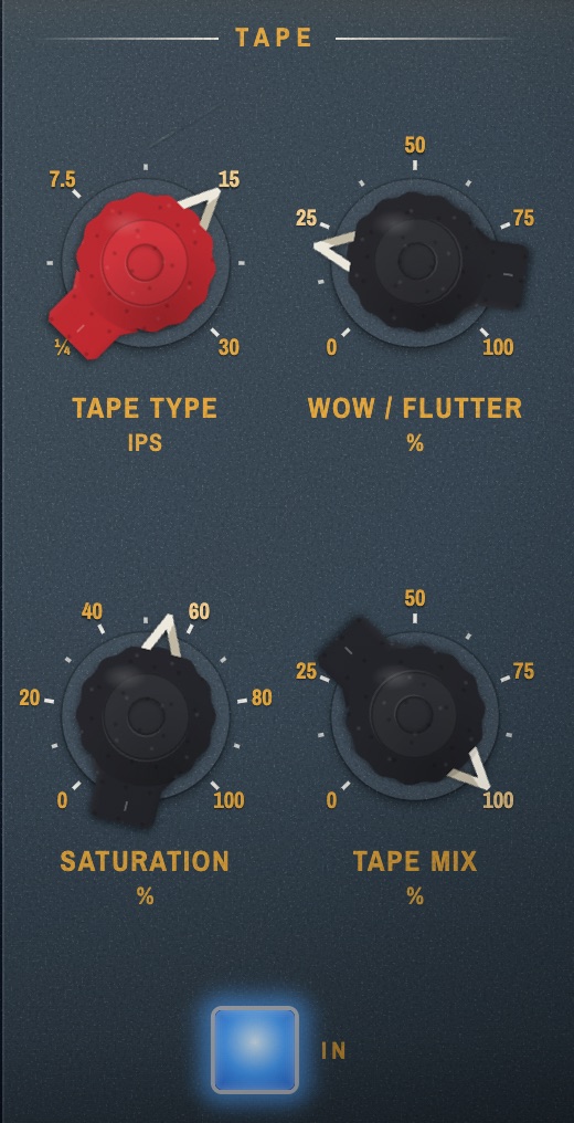 Close-up of the Tape section: Tape Type, Wow / Flutter, Saturation and Tape Mix knobs.